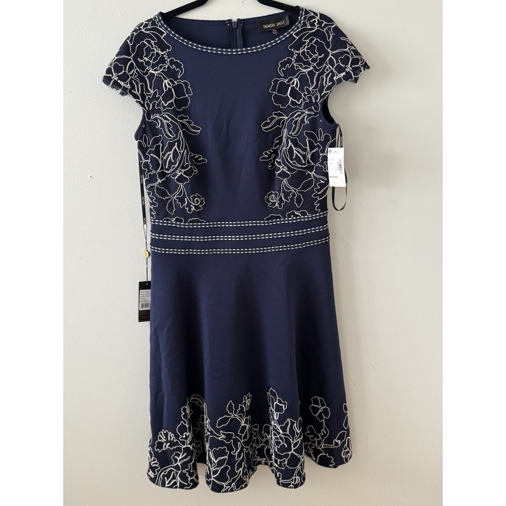 Tadashi Shoji Navy Midi Dress with White Floral Embroidery